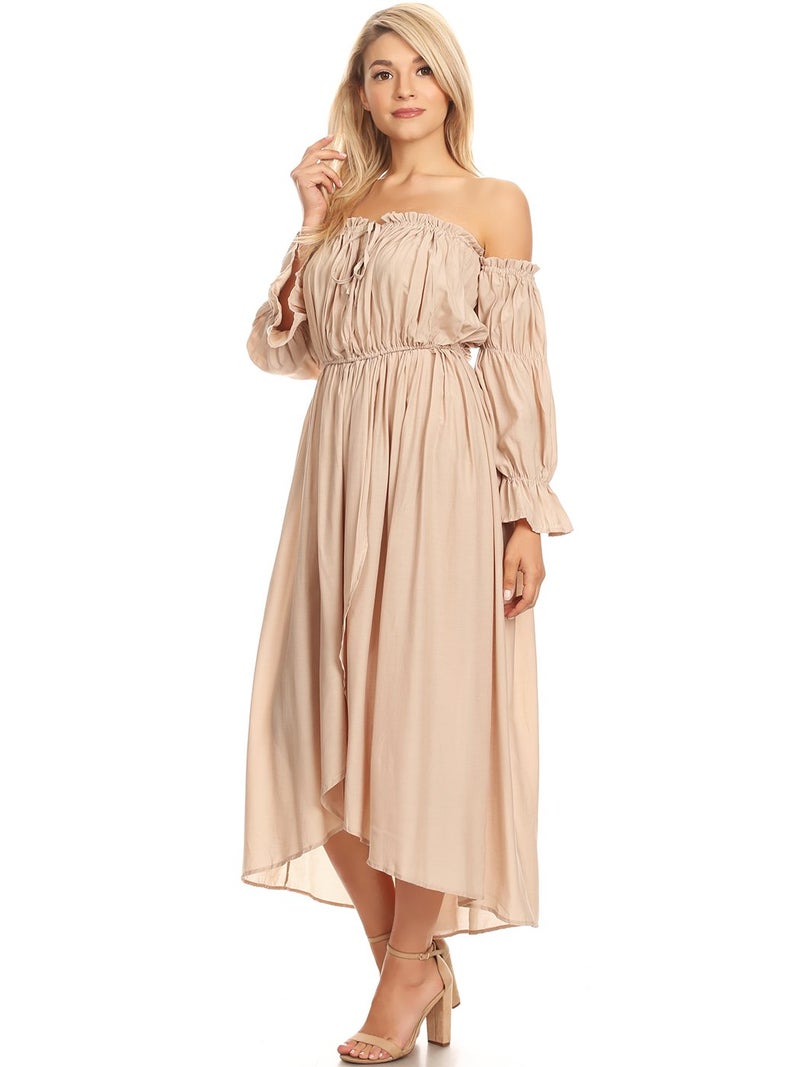 Anna-Kaci Womens Boho Long Sleeve Off Shoulder Renaissance Peasant Dress, Beige, Large - Image 3
